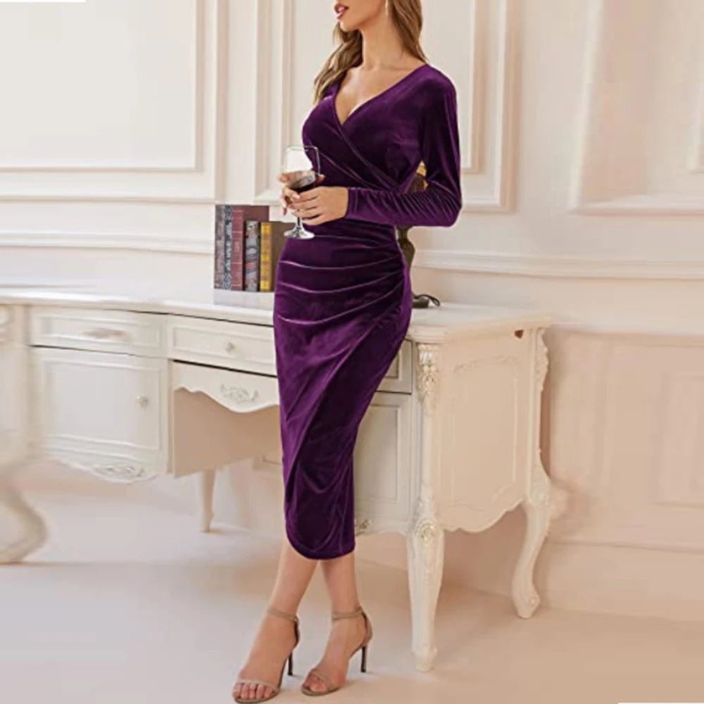 Herbst Velvet Bodycon Purple Midi Dress Women Long Mouw Ruffles Slim Fit Avondjas Female Party Cocktail Dress Jurken