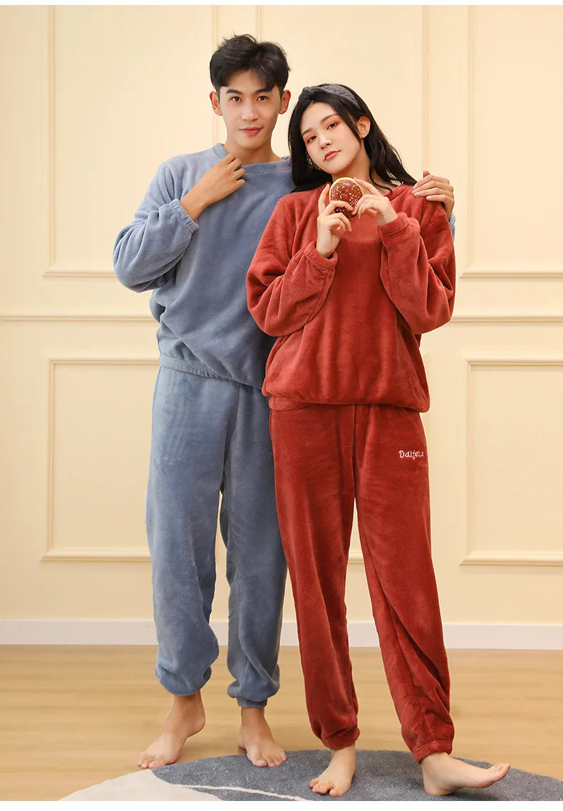 Verdickte Warme Männer Korallen Samt Pyjamas Herbst Winter Homewear Lange Ärmeln Lange Hosen Solide Weiche Nachtwäsche 2 Teile/satz Paar