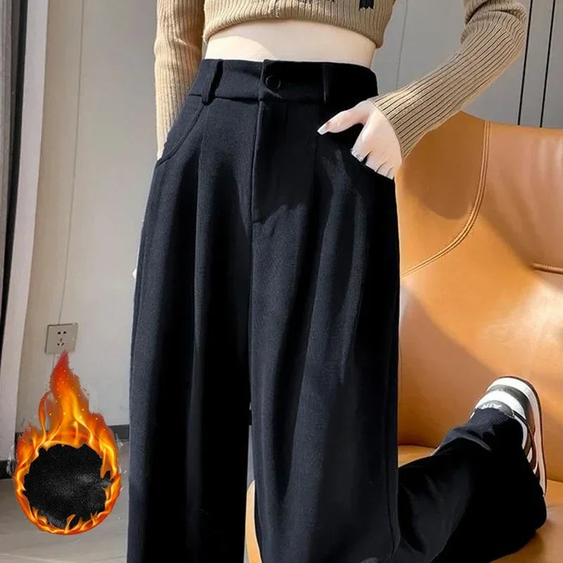 Heißer Verkauf Winter Dame Schnee Warme Hosen Mädchen Klassische Fleece Hohe Taille Hose Frauen Gerade Bein Plüsch Thermische Casual Hosen