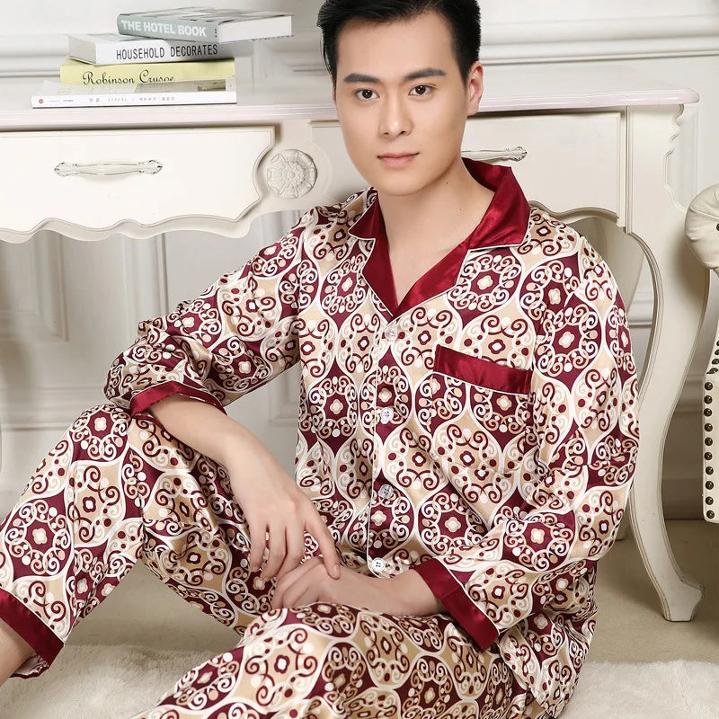 Hohe Qualität Pyjamas Set Männer Frühling Herbst Dünne Polyester Eis Seide Lange ärmeln Nachtwäsche Plus Größe Sommer Hause Kleidung männlichen