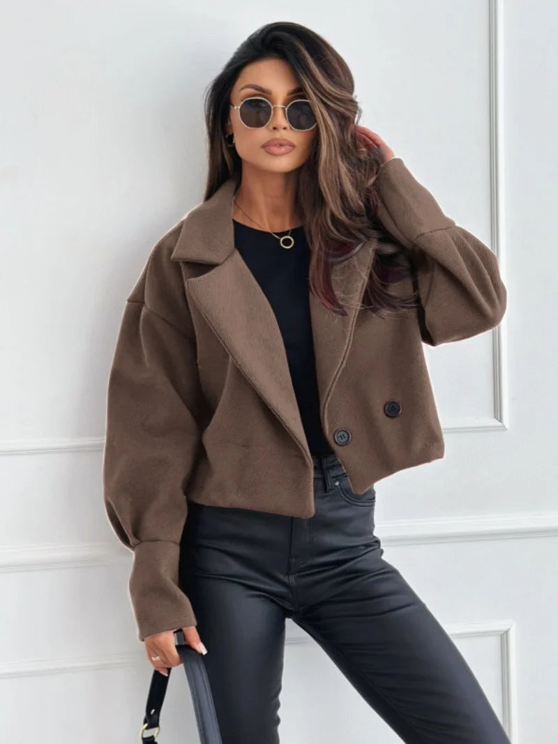 Damen-Doppelreihiger Kurzmantel aus Wolle, lässige Jacke mit Reverskragen für den Alltag im Herbst und Winter