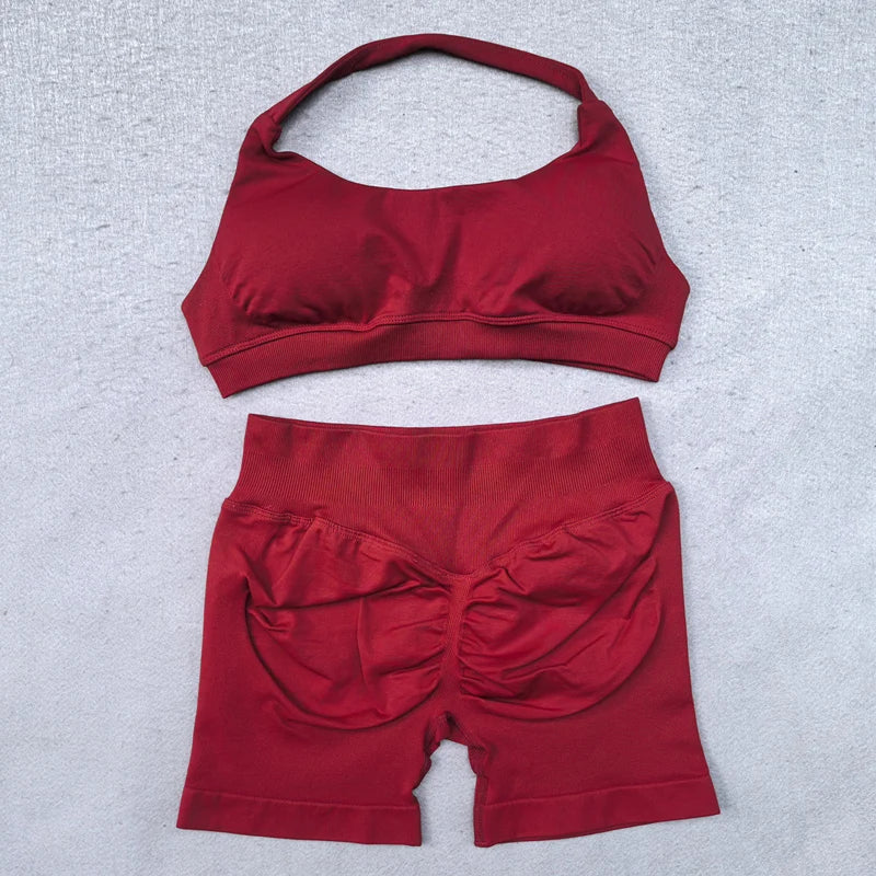 Shorts-Set, 2-teilig, nahtlos, Yoga-Set, Workout-Trainingsanzug, Damen-Halter, Sport-BH und niedrige Taille, Scrunch Bum, Gym-Shorts, Anzüge