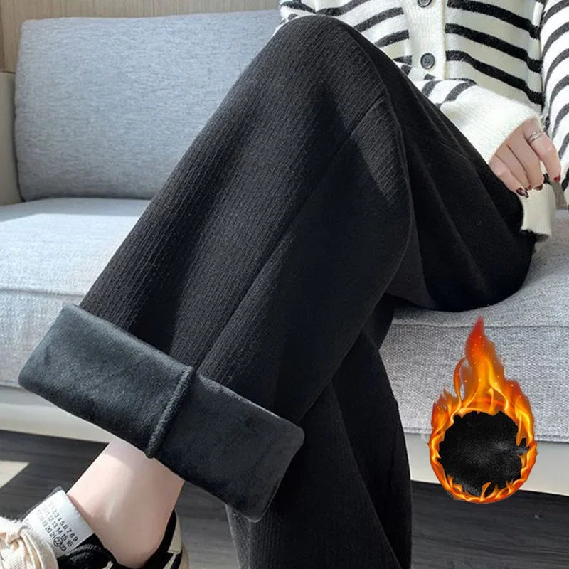 Winter Girls Snow Warm High Waisted Thermal Pants Women Fashion Straight Leg Plush Trousers Lady Thin Fleece Daily Pants