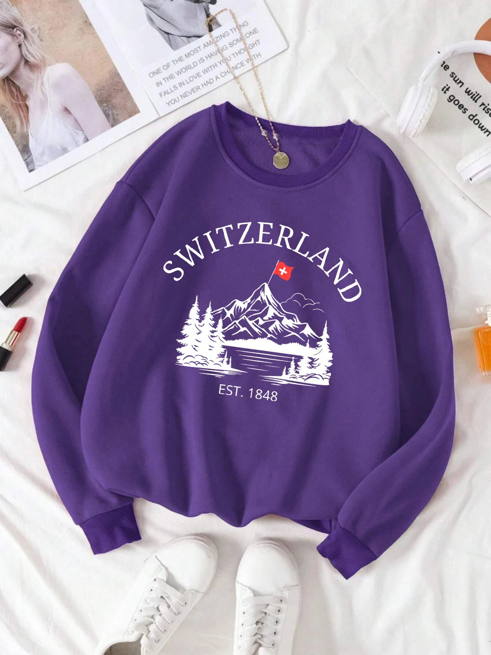 Switzerland Snow Mountain Design Women Sweatshirt Y2K Fleece Pullovers Crewneck Casual Streetwear Street Hip Hop Clothes