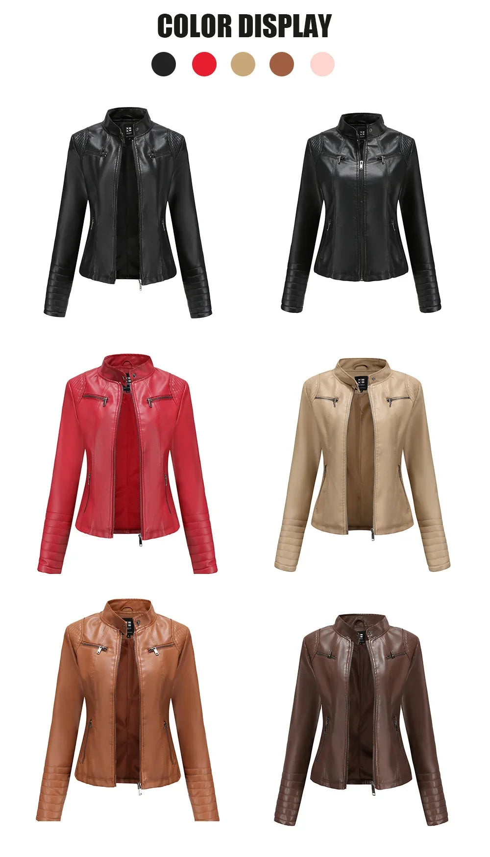 Neue 20-Damen-Lederjacke, dünn, Motorrad-Stil, kurze modische Damenjacke, Stehkragen, volle Ärmel, aus dem Festland China