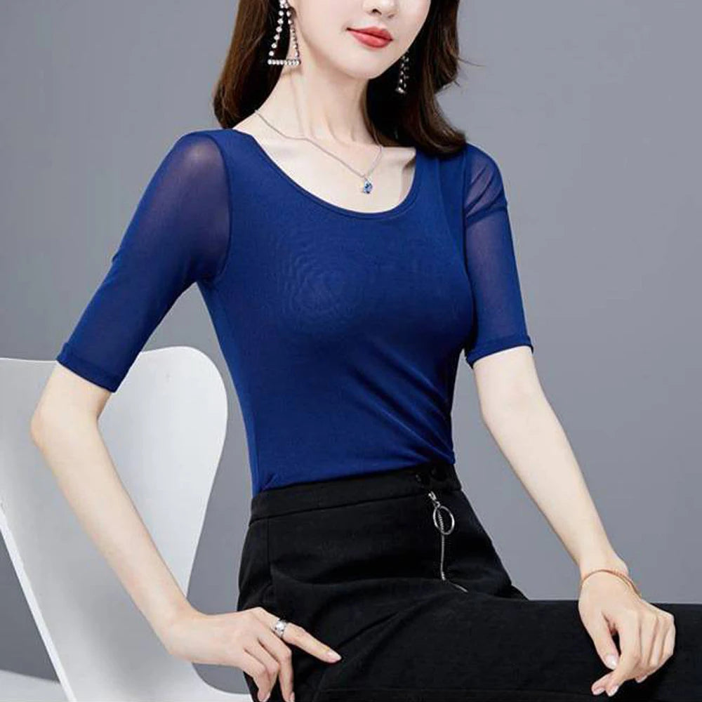S-3XL Purple Blue Red Green Shirt Women Transparent Mesh Short Sleeve O-neck Thin T shirt Half Sleeve O Neck Female Blouses Tops