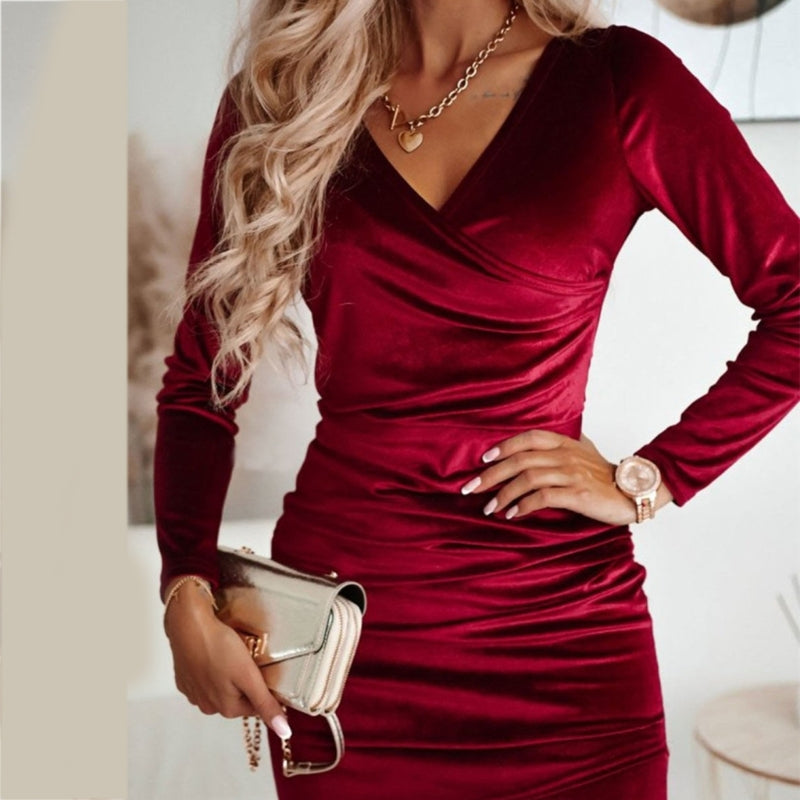 Weihnachten Party Kleid Formale Langarm Party Kleid Samt Bodycon Kleider V Neck Cocktail Party Kleid
