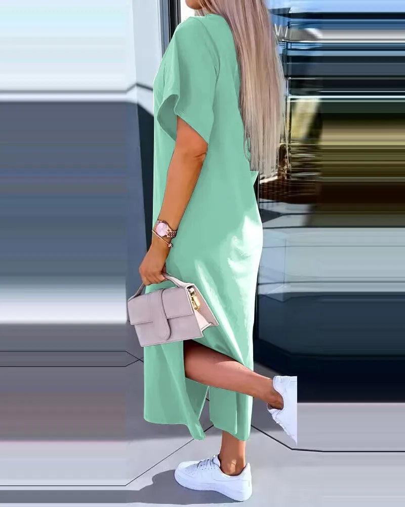 Fashion Simple O Neck Short Sleeve Solid Dress For Women New 2024 Summer Casual Loose Comfortable Split Long Dress Robe Femme