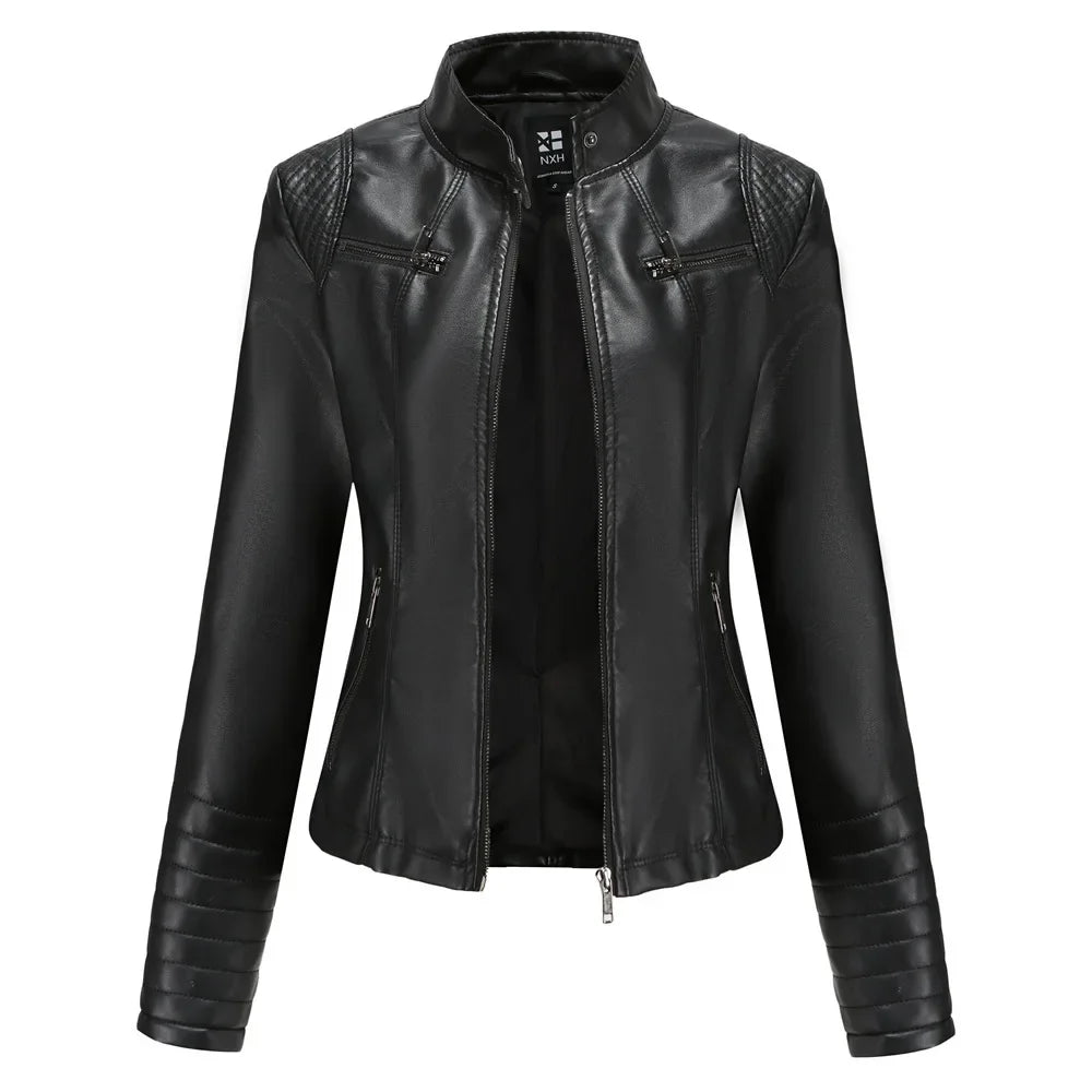 Neue 20-Damen-Lederjacke, dünn, Motorrad-Stil, kurze modische Damenjacke, Stehkragen, volle Ärmel, aus dem Festland China