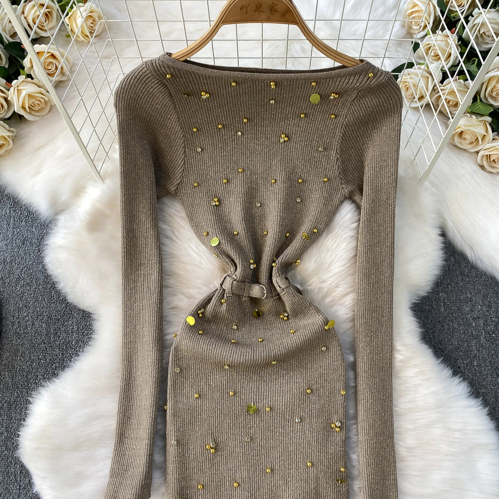 Schickes, sexy, elegantes, langärmliges, figurbetontes O-Ausschnitt-Kleid für Damen, koreanische Abendkleider für Modezeremonie