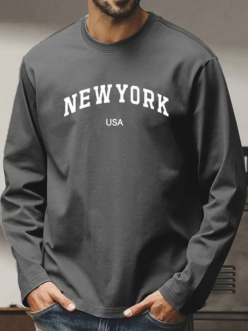 Men's 100% pure cotton comfortable sports casual loose plus size New York USA printed round neck long sleeved T-shirt top