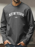 Men's 100% pure cotton comfortable sports casual loose plus size New York USA printed round neck long sleeved T-shirt top