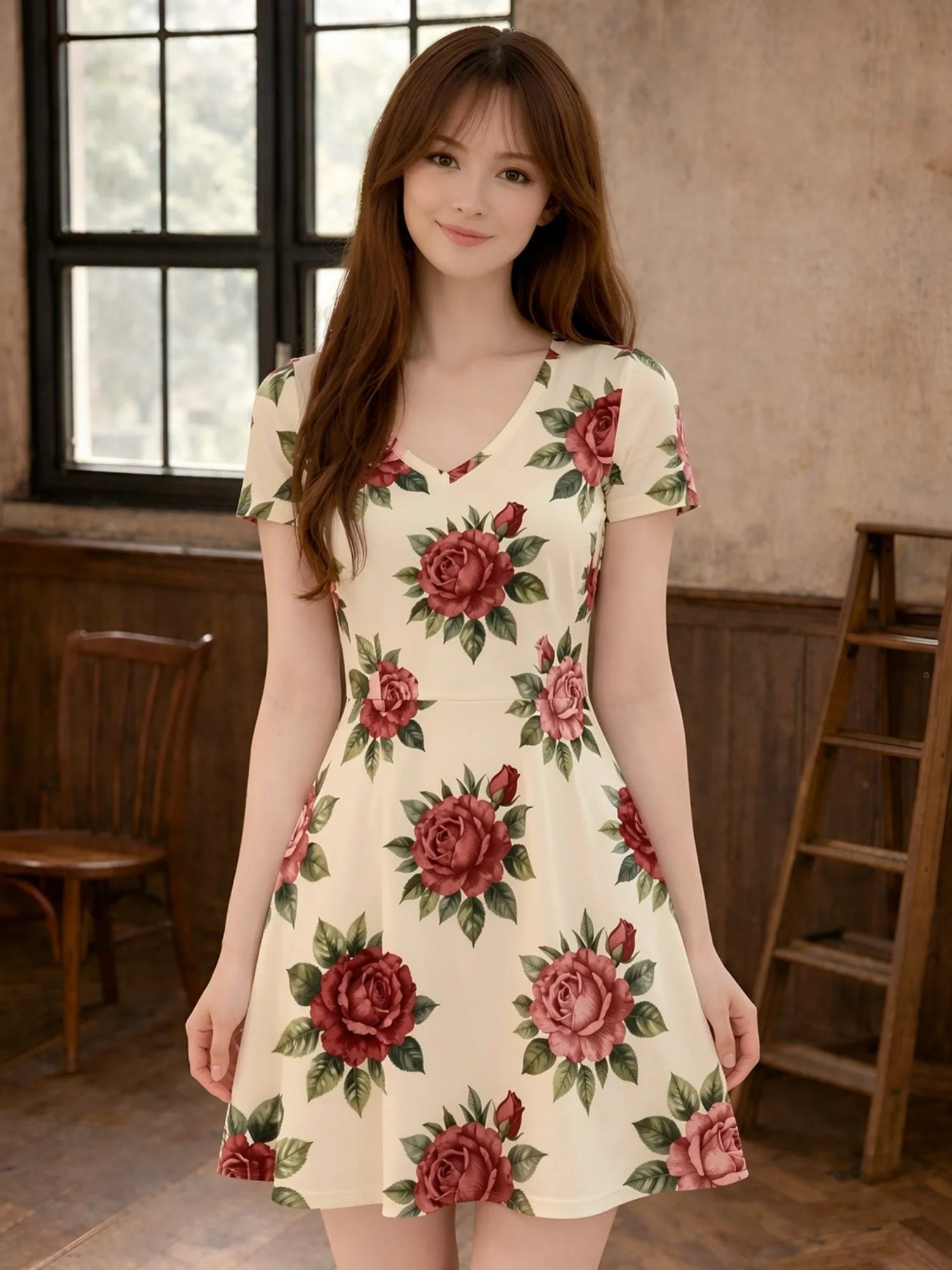 Damen-Kleid mit V-Ausschnitt, kurzen Ärmeln und Blumenmuster, A-Linie, lässig, für Terrasse, Brunch, Sommer, Sommerkleid, Outfit, schön, für den Alltag, feminin, anmutig, einfach