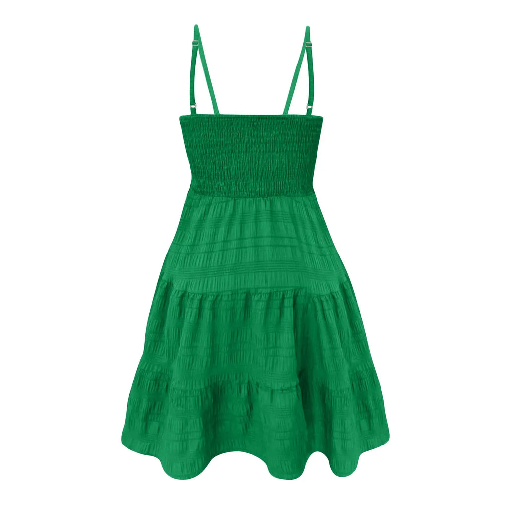 Bohemian Strand Sommerkleid Frauen Sexy Ärmellose Backless Große Schaukel Mini Kleid Solide Spaghetti Strap Rüschen Kleid Sommer Vestidos