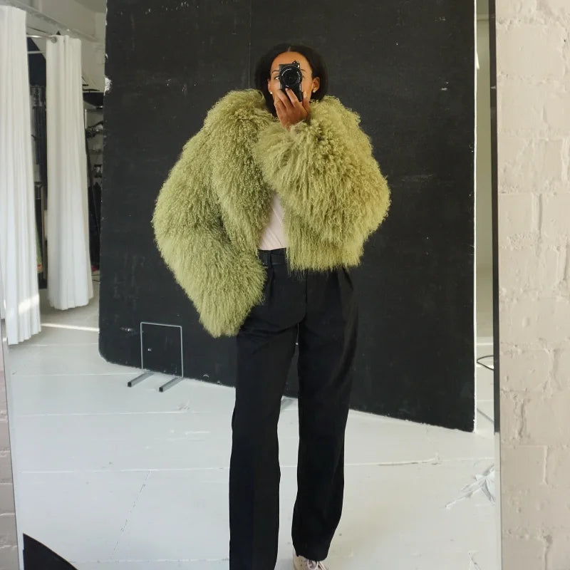 Mongolei Woolen Faux Pelz Jacke Solide Frauen Mode Drehen Unten Kragen Langarm Strickjacke Kurze Mäntel Dame Täglichen Straße Outwears