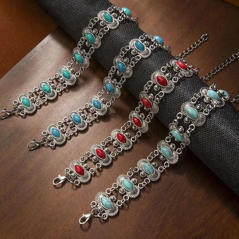 Vintage Ethno-Armreif im Bohemian-Stil mit Türkis für Damen, verstellbares Armband, Schmuckgeschenk