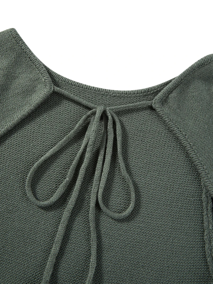 Damen-Kleid mit langen Ärmeln, Krawatte, rückenfrei, Rundhalsausschnitt, Rüschenbesatz, langes Kleid, Herbst und Winter, gestrickt, einfarbig, figurbetontes Kleid, Beige/Grau/Weiß
