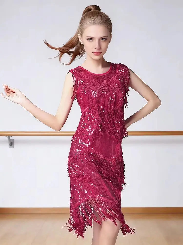 Lateinamerikanisches Salsa-Tango-Kleid für Damen mit Pailletten, Asymmetrischen Fransen, Rundhalsausschnitt und Brustmuster für Gesellschaftstanz