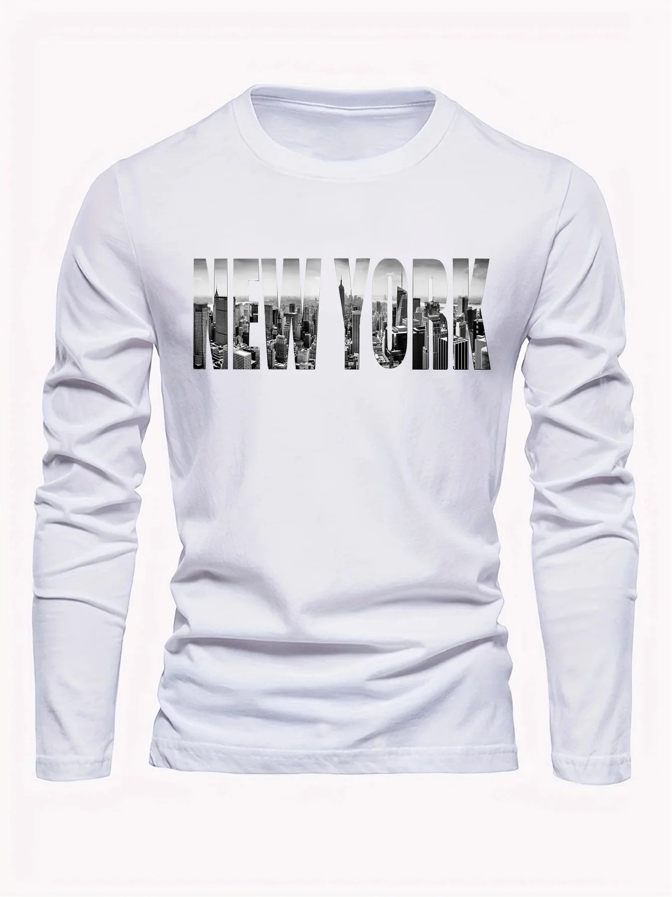 Men's 100% pure cotton loose fit plus size comfortable casual sports New York letter printed round neck long sleeved T-shirt top