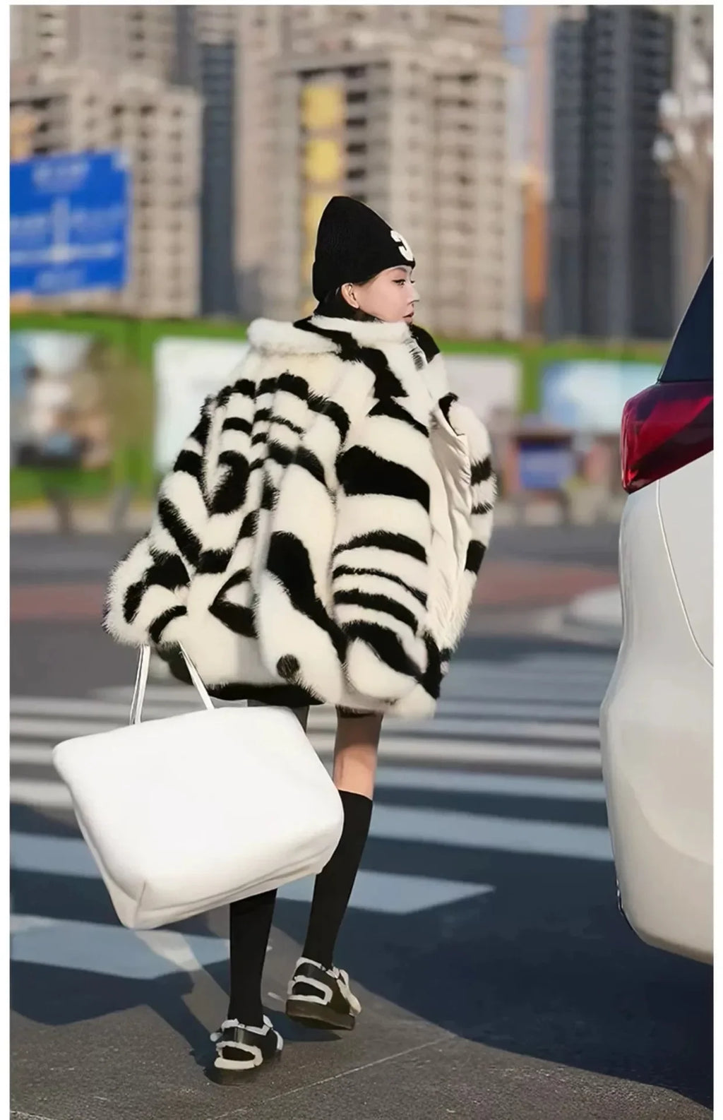 Toca Zebra-Muster, großer Skimmer-Kragen, Simulationsfell, neuer Trendmantel, verdickt, modisch, Gas, Freizeit, vielseitig