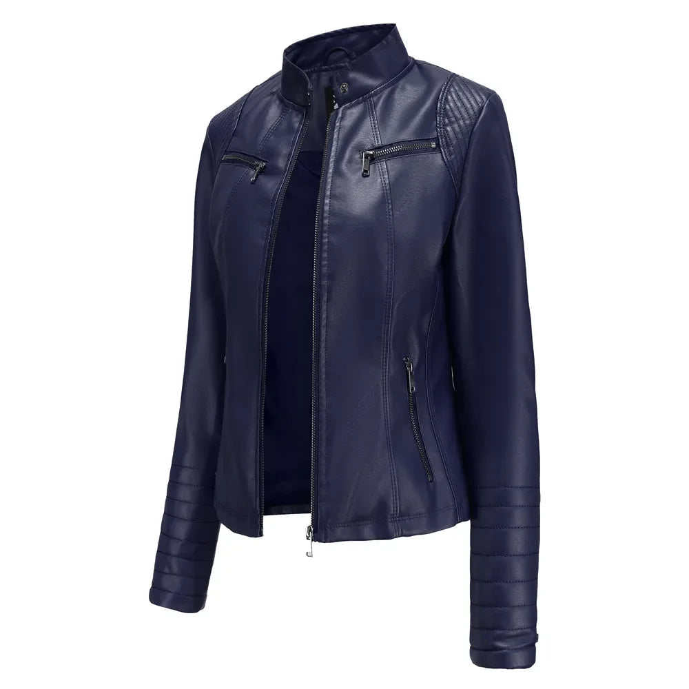 New 20 Women's Leather Jacket Thin Motorcycle Style Short Fashion Women's Jacket Stand Collar Full Sleeve from Mainland China