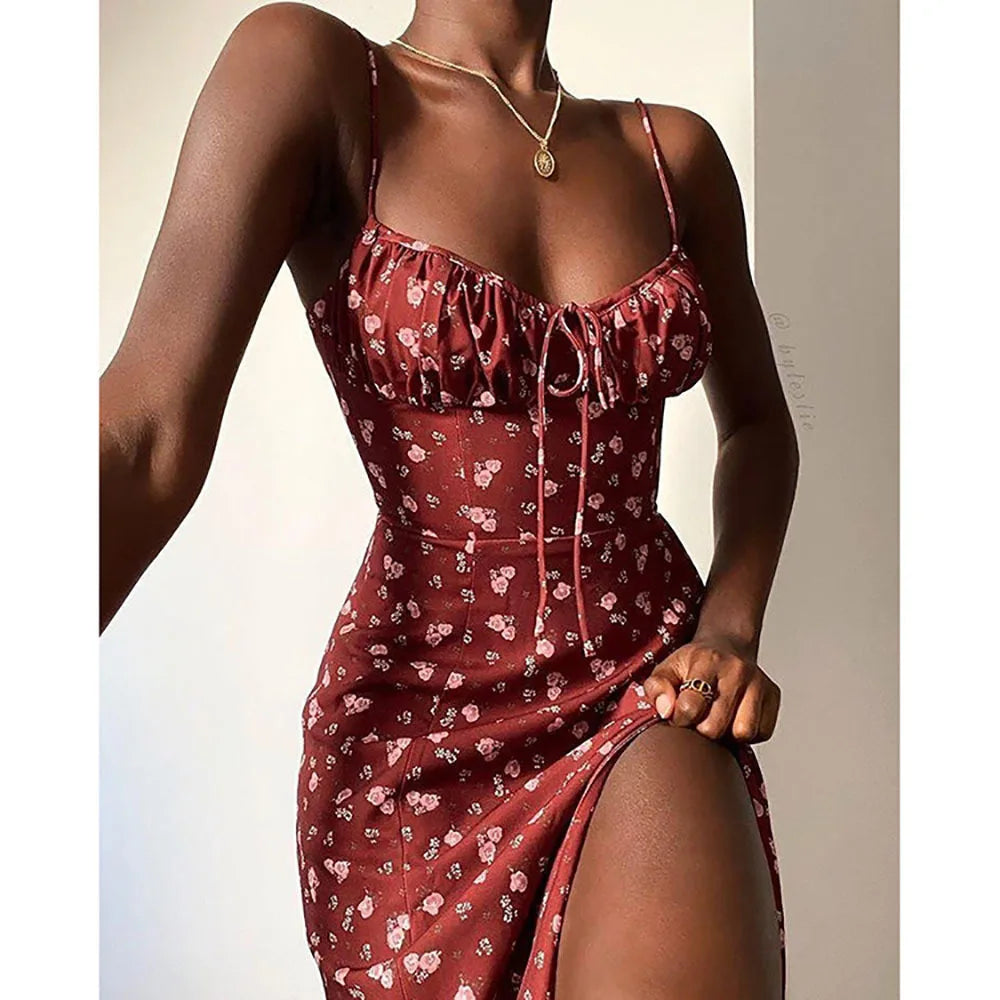 Elegantes Damen-Blumenkleid für Strandurlaub und Streetwear, Sexy Tief Ausgeschnittenes Strandparty-Kleid mit Schlitz, Schickes Bodycon-Kleid Ärmellos für Damen
