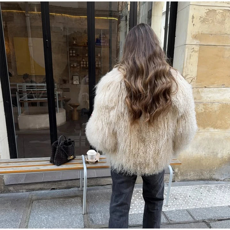 Mongolei Woolen Faux Pelz Jacke Solide Frauen Mode Drehen Unten Kragen Langarm Strickjacke Kurze Mäntel Dame Täglichen Straße Outwears