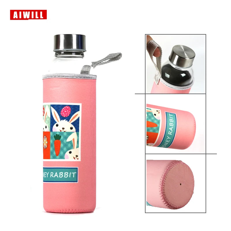 AIWILL Heißer Verkauf Glas Sport Wasser Flasche Mit Schutzhülle Tasche 280 ml/360 ml/550 ml Obst Outdoor fahrrad Flaschen Hohe Qualität