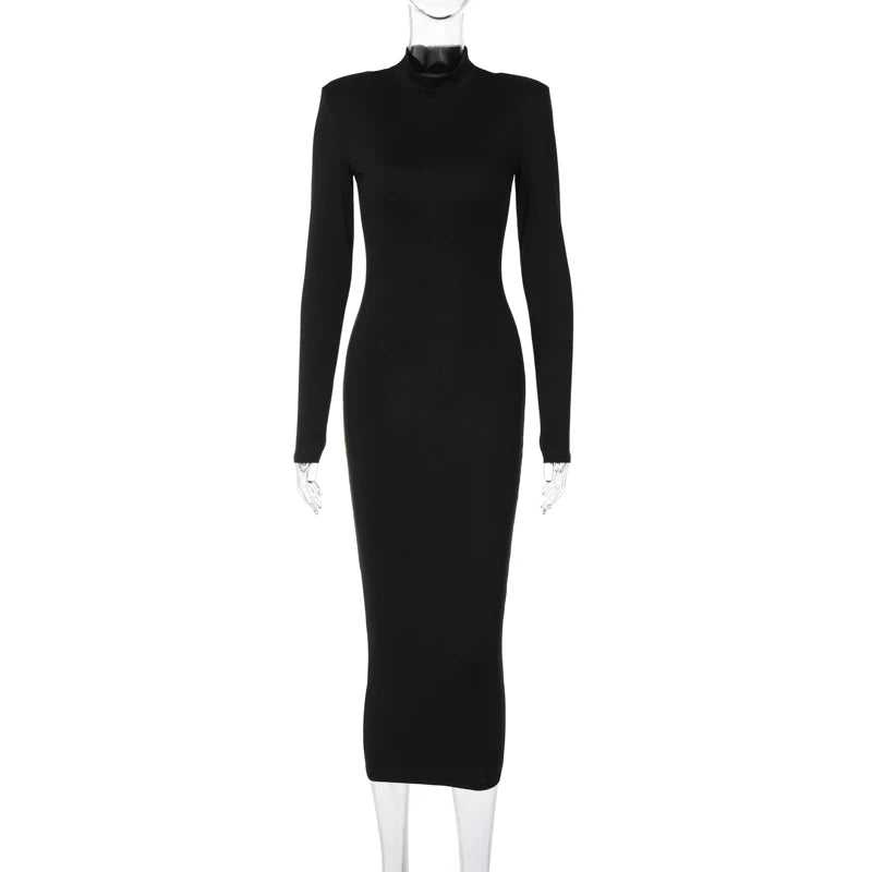 Hugcitar Frauen Mode Rollkragen Lange Ärmel Schwarz Sexy Bodycon Maxi Prom Kleid Herbst Casual Kleidung Streetwear Party Festival