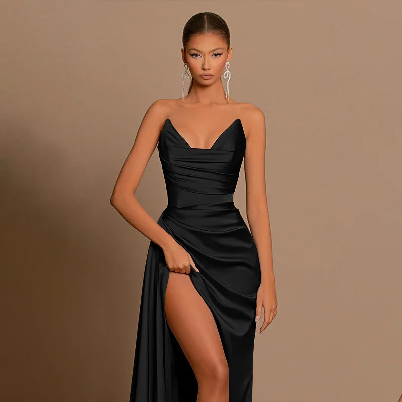 Elegantes Trägerloses Einfarbiges Abendkleid Schickes Satin-Korsettkleid für Damen V-Ausschnitt Geschlitztes Blaues Langes Kleid Damen Sommer-Partykleid