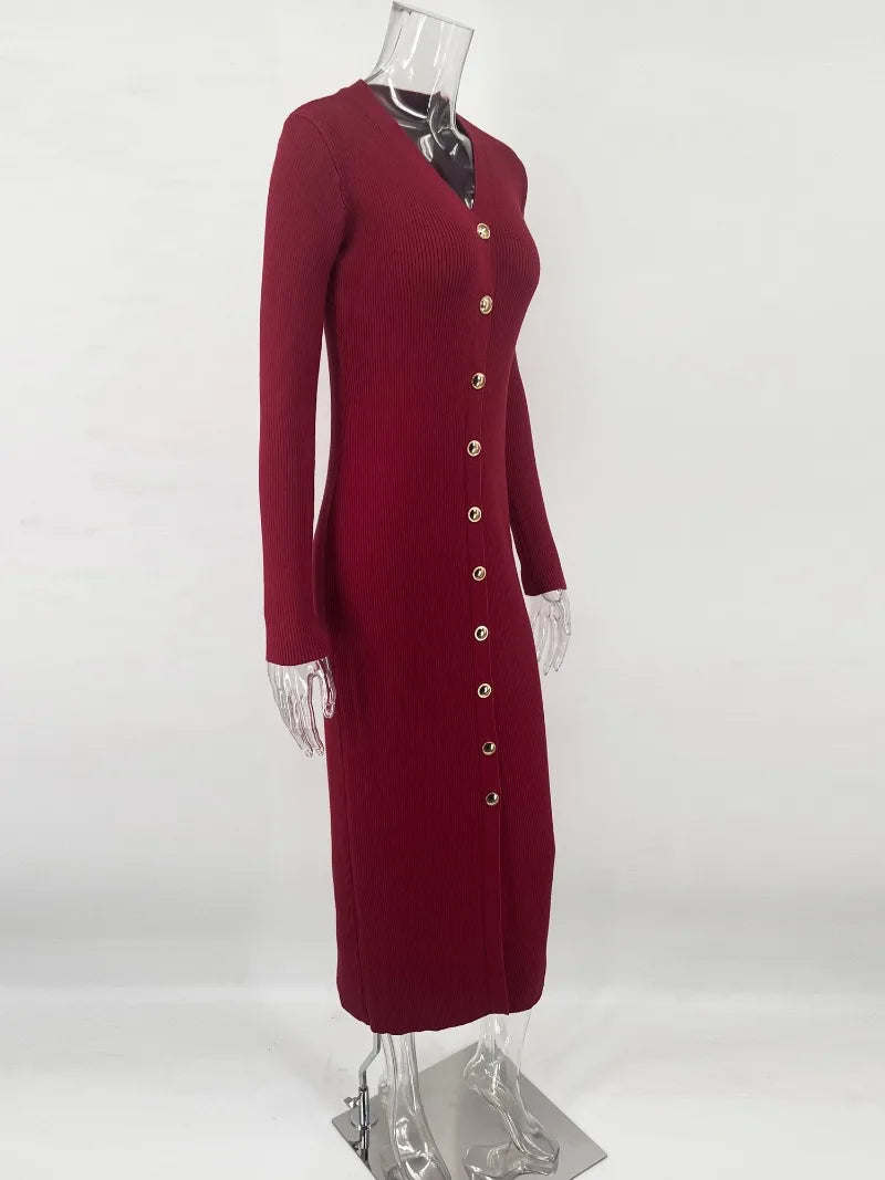 Trendix Elegantes Abendkleid für Damen, V-Ausschnitt, lange Ärmel, Patchwork, Knopf, Schlitz, Pullover, Kleider, 2024, Herbst und Winter, gestricktes Maxikleid