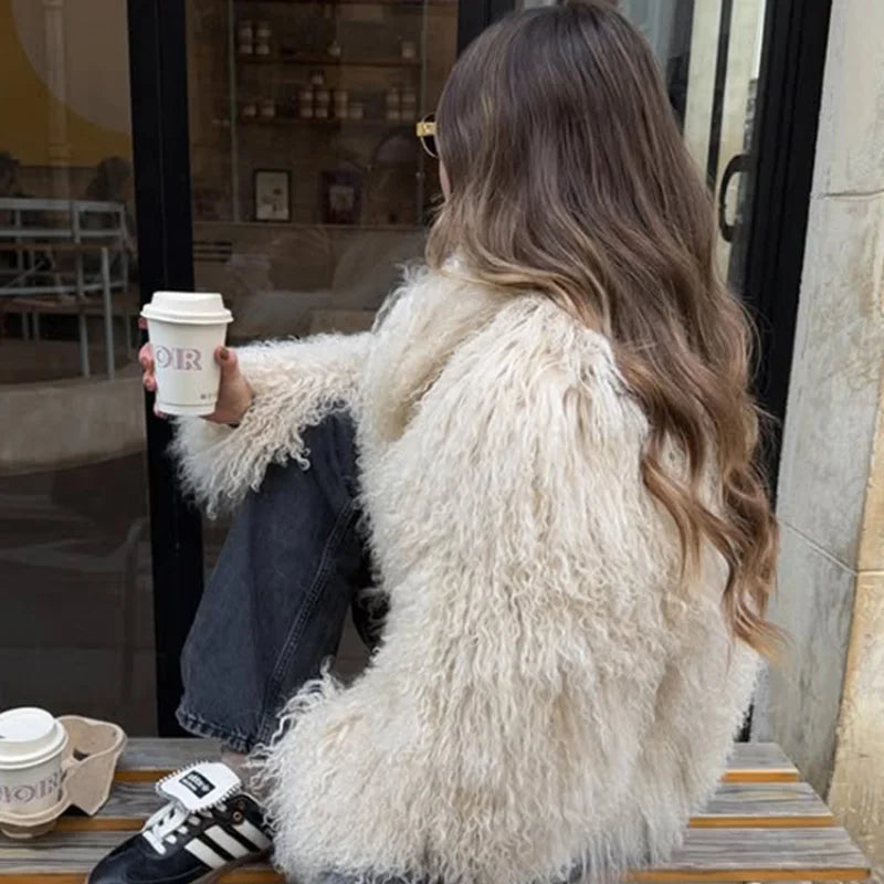 Mongolei Woolen Faux Pelz Jacke Solide Frauen Mode Drehen Unten Kragen Langarm Strickjacke Kurze Mäntel Dame Täglichen Straße Outwears