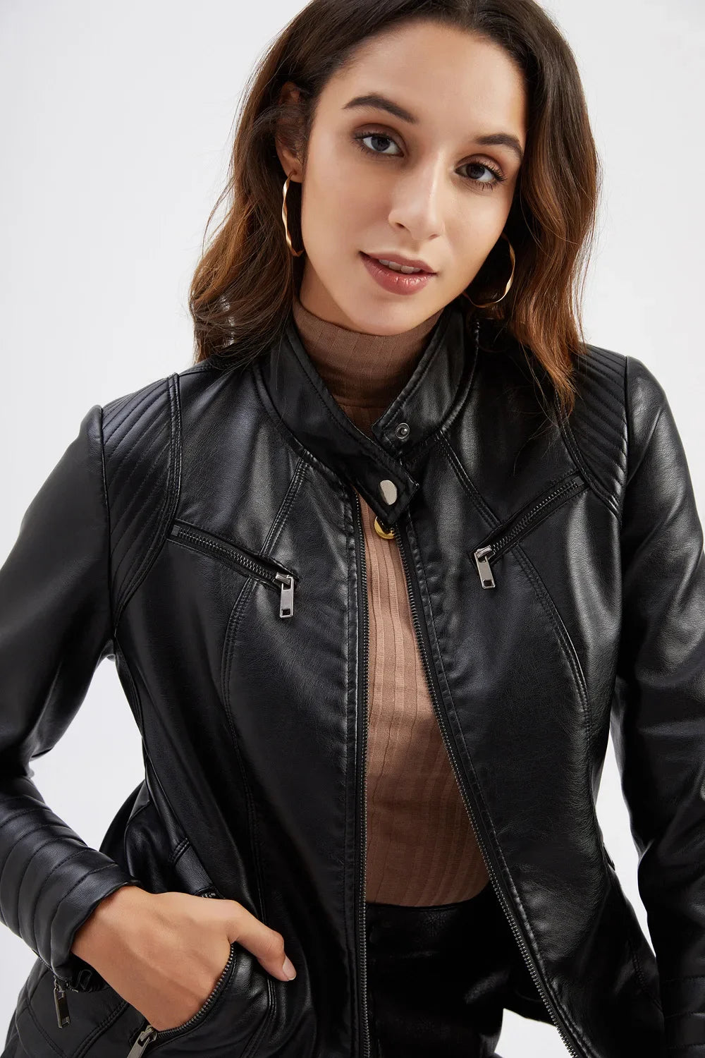 New 20 Women's Leather Jacket Thin Motorcycle Style Short Fashion Women's Jacket Stand Collar Full Sleeve from Mainland China
