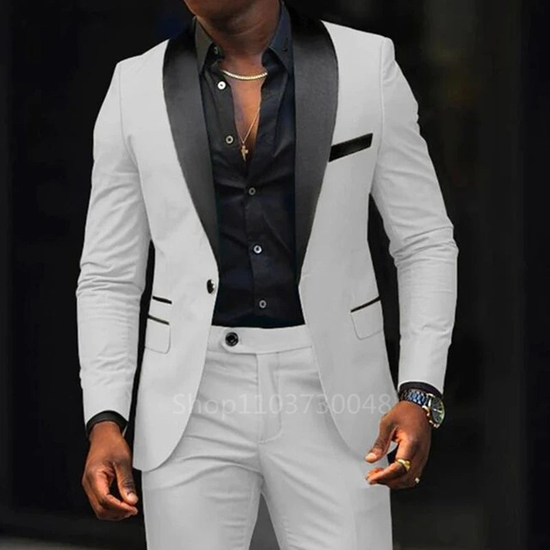 Lässige 2-teilige Herren-Hochzeitsanzüge, solide Slim-Fit, Schalkragen, Blazer, Hose, Designs, Party, Abschlussball, Anzüge, Trauzeuge, Business-Kleidung