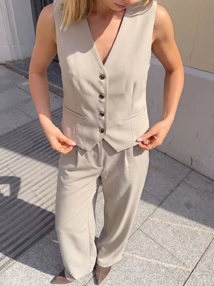 HH Damen ärmellose Weste mit Knöpfen & weit geschnittene Hose 2-teiliger Anzug Lässiges Büro-Arbeitsoutfit für den täglichen Geschäftsgebrauch.