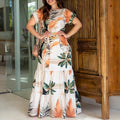 Hohe Taille Floral Blume Gedruckt Casual Fashion Lose Frauen Lange Maxi Kleid Kurzarm Gürtel Kleid