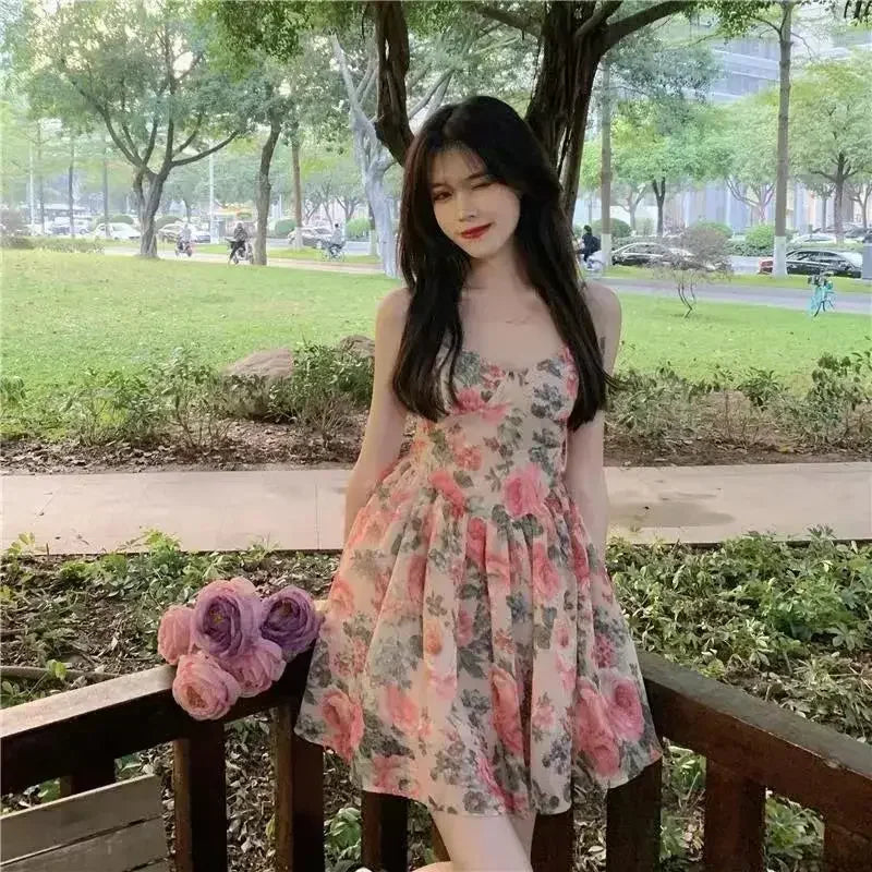 Elegantes, hoch tailliertes, schlankes, florales Tank kleid für Frauen im Frühling und Sommer im französischen Stil