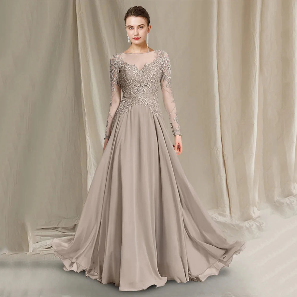 Charmante lange Ärmel Spitze Hochzeit Gast Kleider U-Ausschnitt Perlen Chiffon eine Linie Sommer Mutter der Braut Kleid benutzer definierte Größe