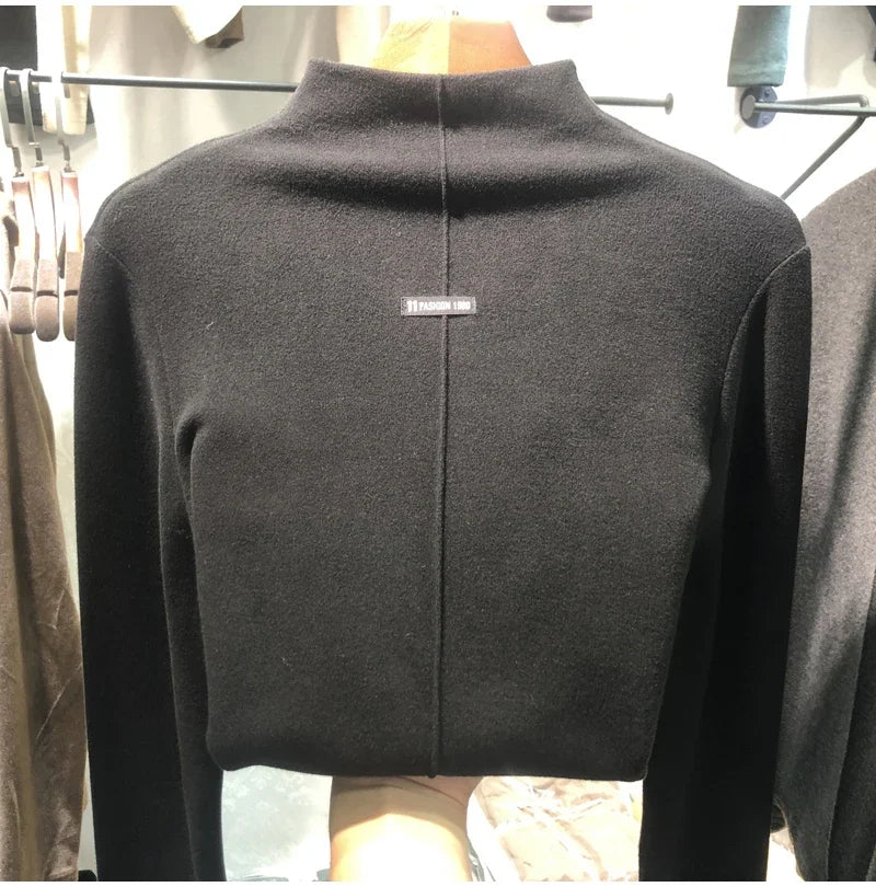 Harajuku half turtleneck Casual slim fleece Thick bottoming T-shirt autumn winter velvet Long Sleeve solid T Shirt Women y2k Top