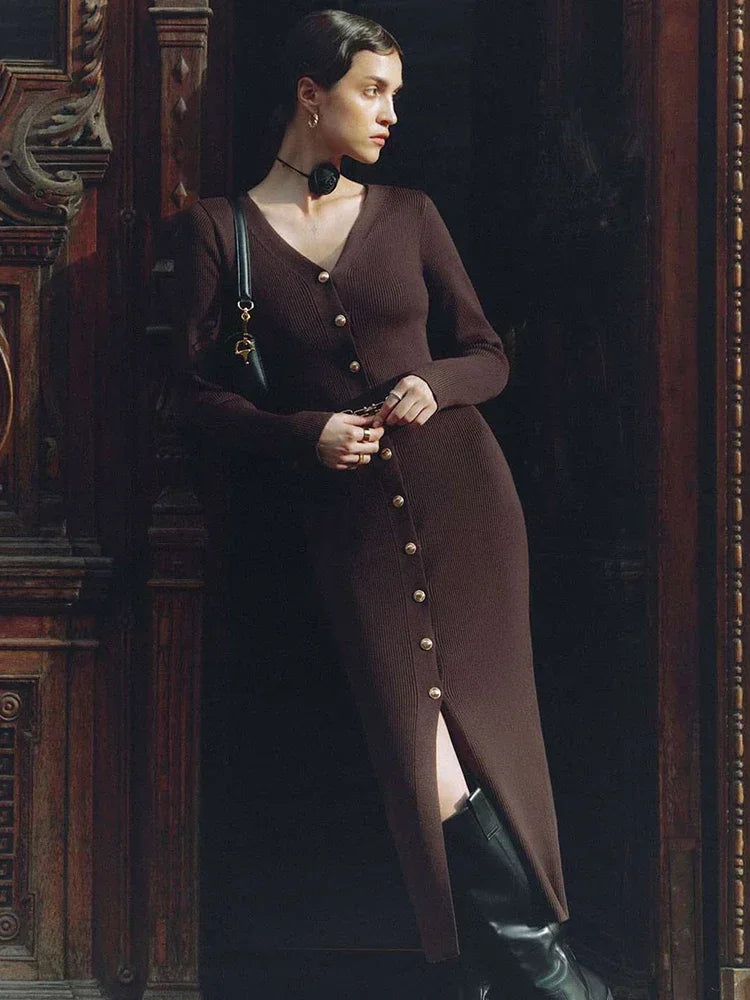 Trendix Elegantes Abendkleid für Damen, V-Ausschnitt, lange Ärmel, Patchwork, Knopf, Schlitz, Pullover, Kleider, 2024, Herbst und Winter, gestricktes Maxikleid