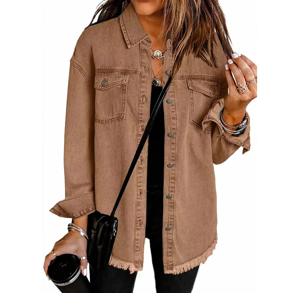 Gewaschene Denim Jacke Frauen Herbst Quaste Revers Jeans Jacke Weibliche Casual Lose Langarm Einreiher Oberbekleidung Shirts Mantel