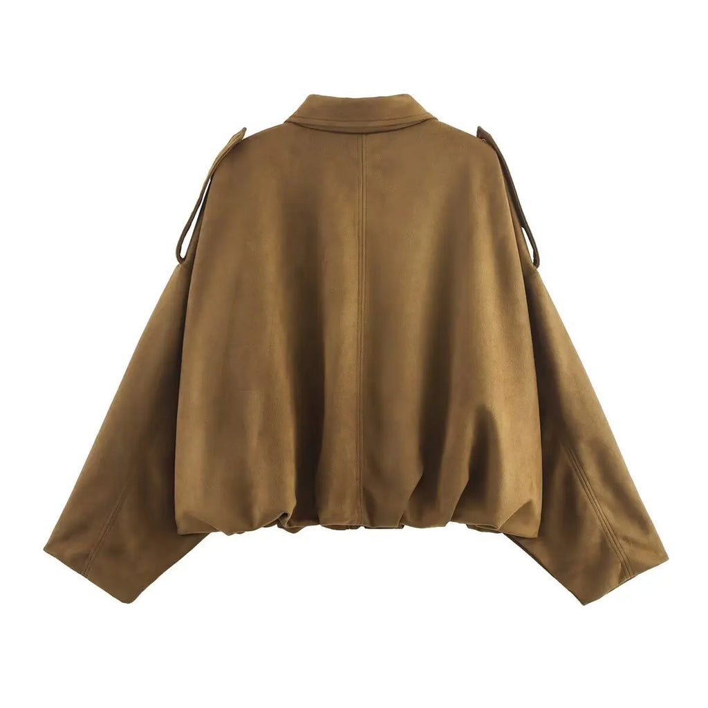 Wildlederjacke im Retro-Stil, Reißverschlusskragen, Oberbekleidung für Damen, mittlere Dicke, lange Ärmel, Street Fashion, lockere Passform, Herbst und Winter