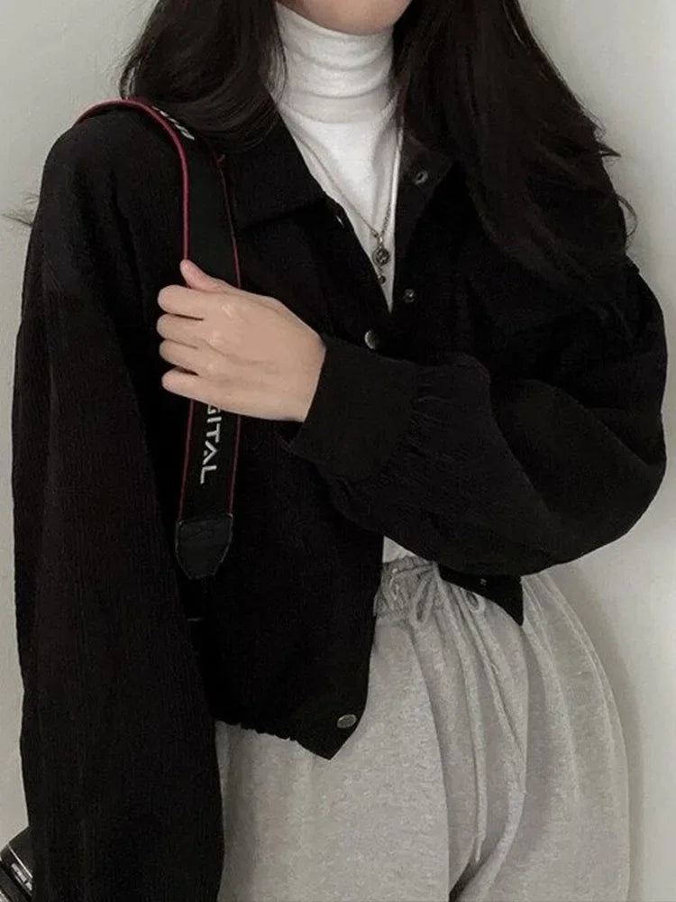 Frauen Vintage Cord Abgeschnitten Jacke Koreanische Mode Langarm Kordelzug Blusen Weibliche Lose Einreiher Mäntel Strickjacke