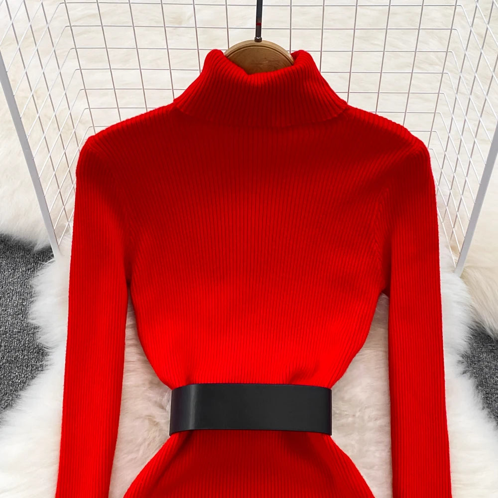 REALEFT Herbst Winter 2025, neue Rollkragen frauen Gestrickte Kleider mit Gürtel Langarm Elegante Bodycon Wrap Kleid Weibliche