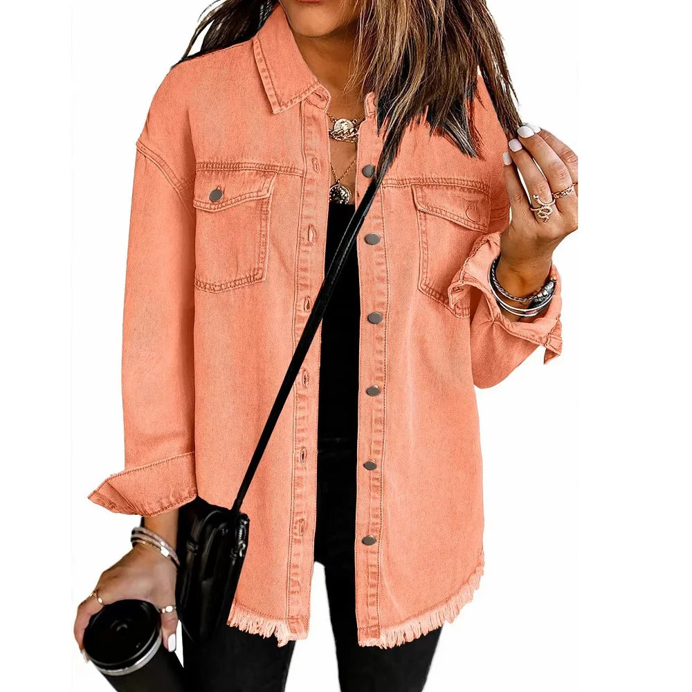 Gewaschene Denim Jacke Frauen Herbst Quaste Revers Jeans Jacke Weibliche Casual Lose Langarm Einreiher Oberbekleidung Shirts Mantel