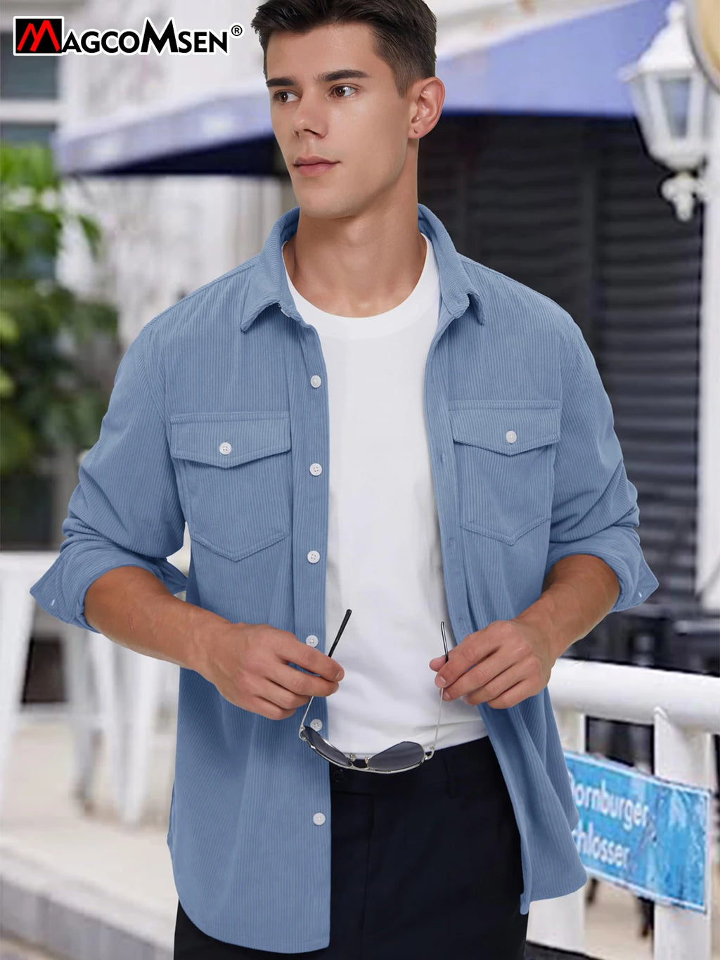 MAGCOMSEN Men's Corduroy Jacket Long Sleeve Casual Light Shirt with Chest Pocket Work Daily Jacket Spring and Autumn Coat
