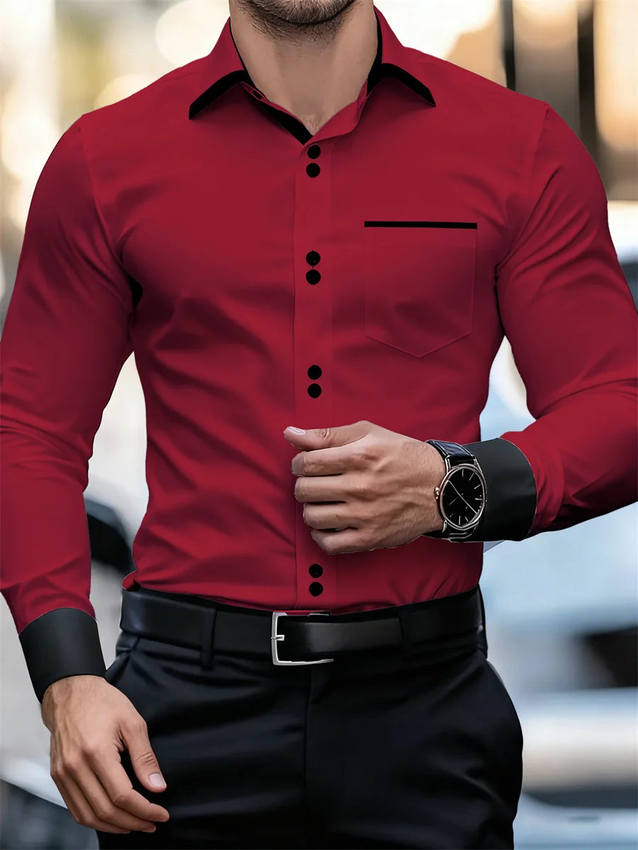 Herren-Business-Langarmhemd mit Farbblockkragen, schmale Passform, knitterfrei, schwarz-weißes Patchwork-Hemd, modisches Herrenoberteil
