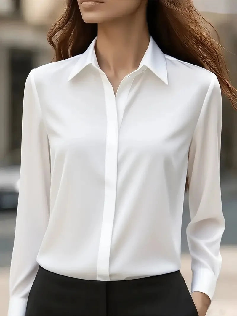 2025 Neues Damen-Langarmshirt, 10-farbiges Revers, Satin-Knopf-Cardigan, Büro, Pendeln, elegantes, einfaches Oberteil, Basic-Blusen