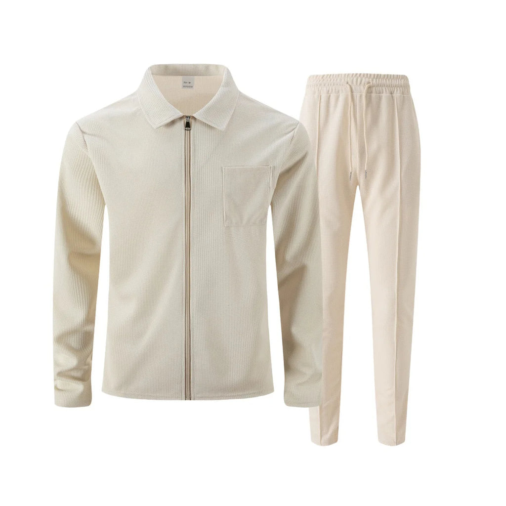 2026 Neue Herren Frühling-Herbst Karierte Strickjacke mit Reißverschlusskragen und Hosen-Set (mit Taschen)