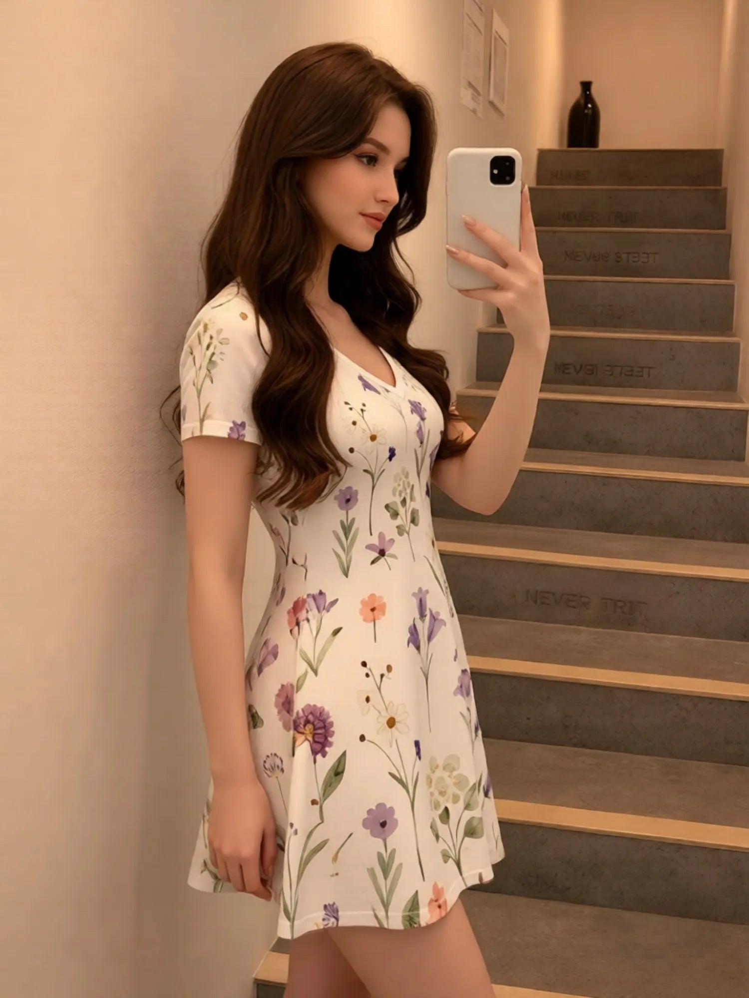Damen-Minikleid mit V-Ausschnitt und Blumendruck, kurzärmelig, lässig, für den Alltag, Urlaub, Sommerkleid, Outfit, Garderobe, elegant, luftig, weich, bequem, schick